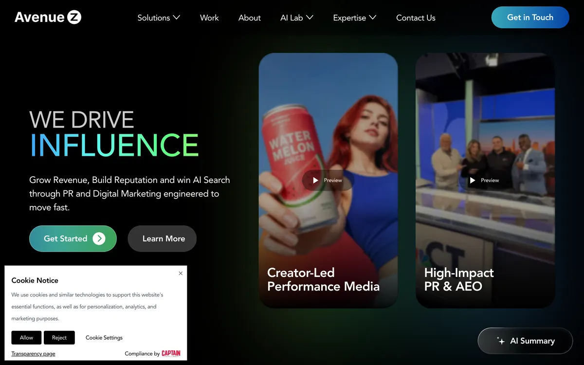 Screenshot of the Avenue Z homepage